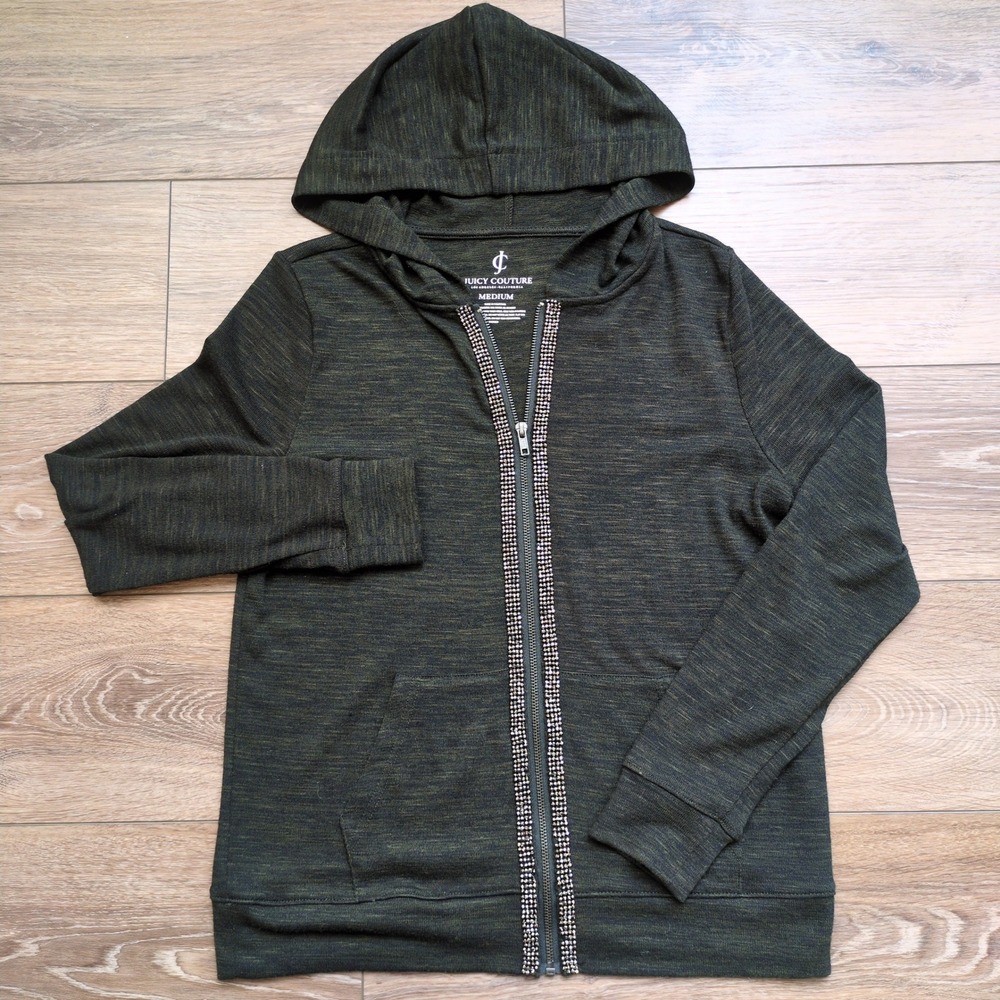 Juicy Couture‎ Hoodie Olive Green Rhinestone Zip Up Hoodie Sweatshirt Jeweled M - Picture 2 of 10